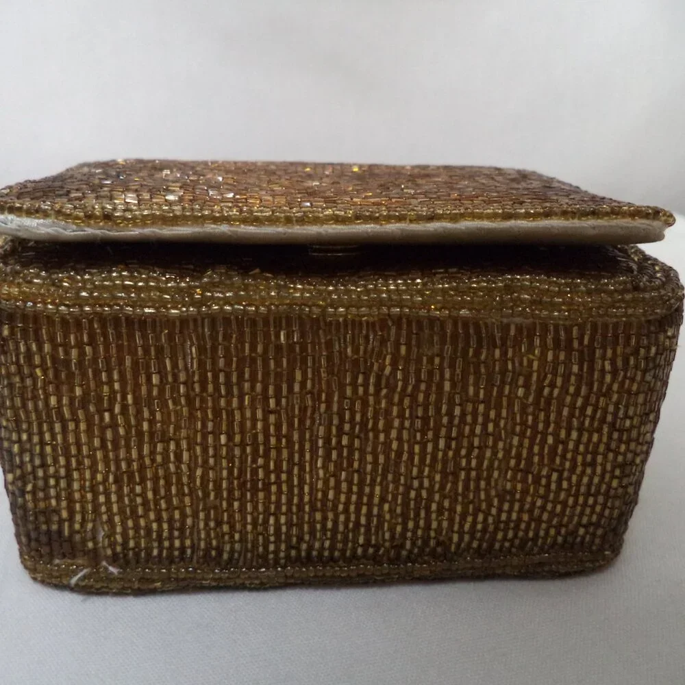 Vintage gold Beaded Box handbag purse small Beaded strap w/ Mirror Occasion